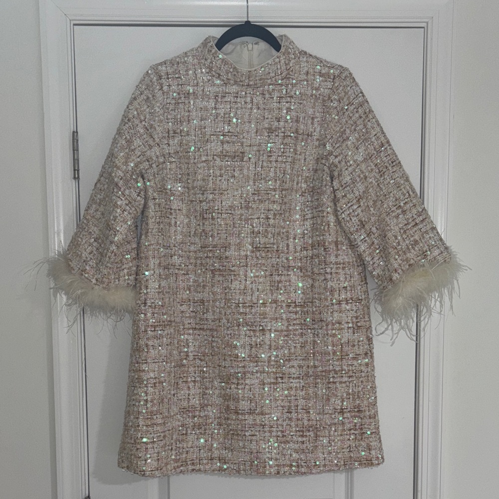 Cream Sequin Tweed Dress with Feather Cuffs - Picture 3 of 9